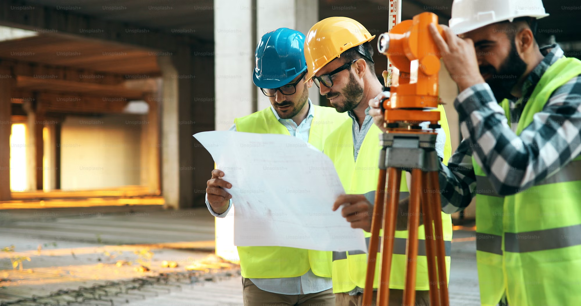 Survey team reviewing blueprints while using theodolite equipment at construction site